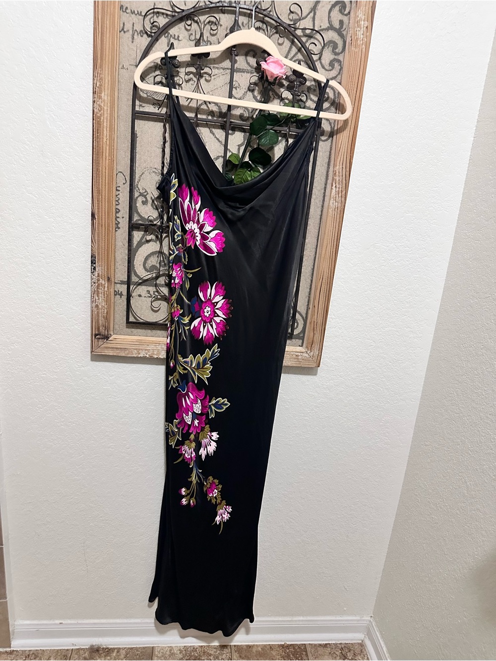Anthropologie Black Maxi Dress with Pink Floral Embroidery